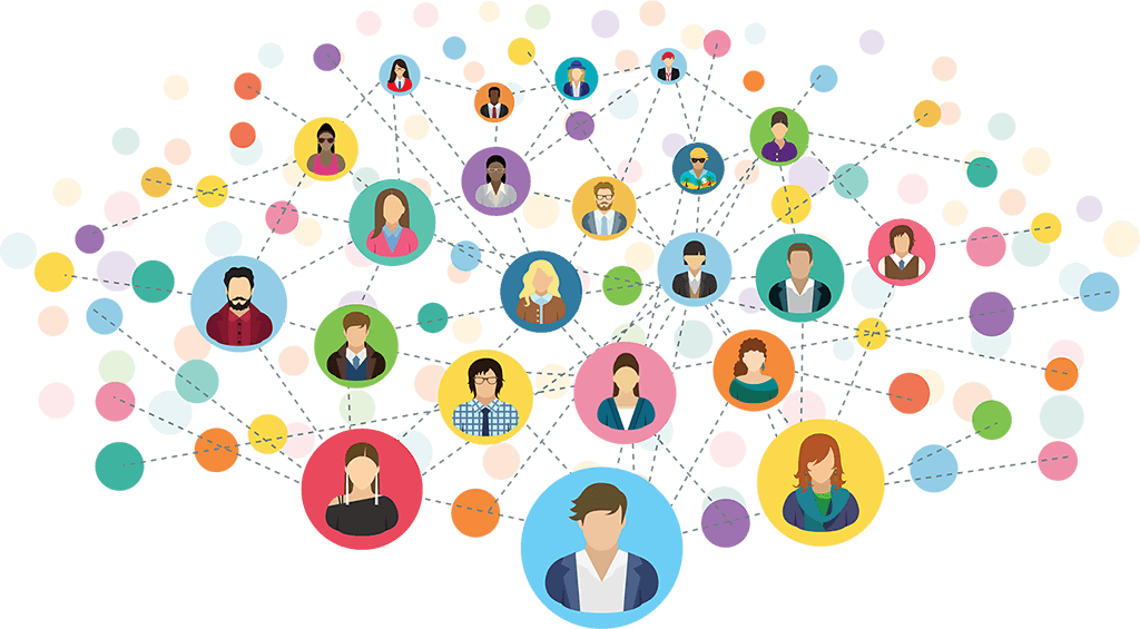 Numerous circles with vector images of clients all connected randomly with each other